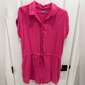 Old Navy Hot Pink Button-Front Drawstring Romper